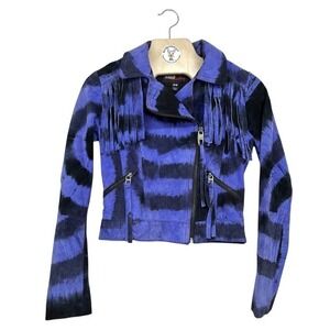 MISS SIXTY Y2K Leather Fringe Moto Jacket Cropped Purple Black XS